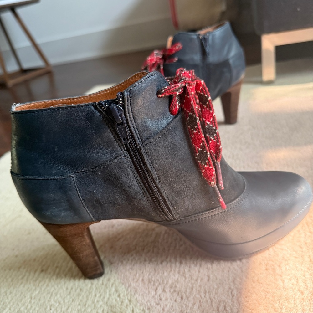 Anthropologie Lucky Penny Navy Heeled Boots with Red Laces - Picture 2 of 8